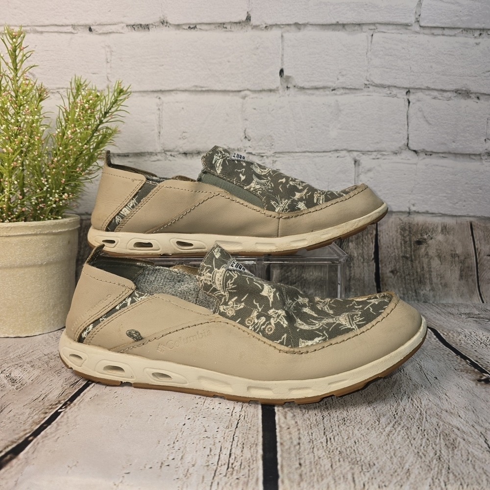 COLUMBIA MENS PFG BAHAMA VENT DOCKSIDE SLIP-ON SHOES GREEN/TAN FISHING SZ 8
